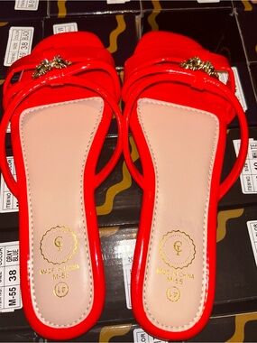 Women's Red Strappy Slide Sandals with Gold Accent